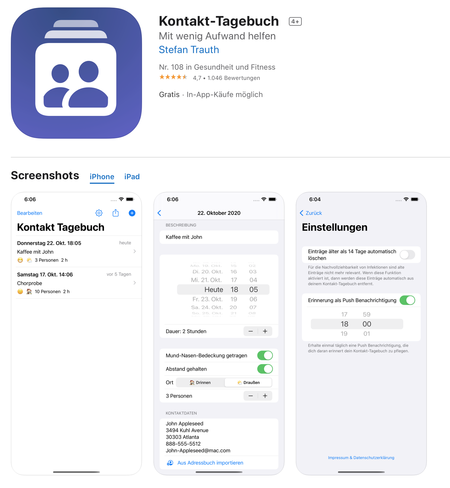 Kontakt Tagebuch im App Store